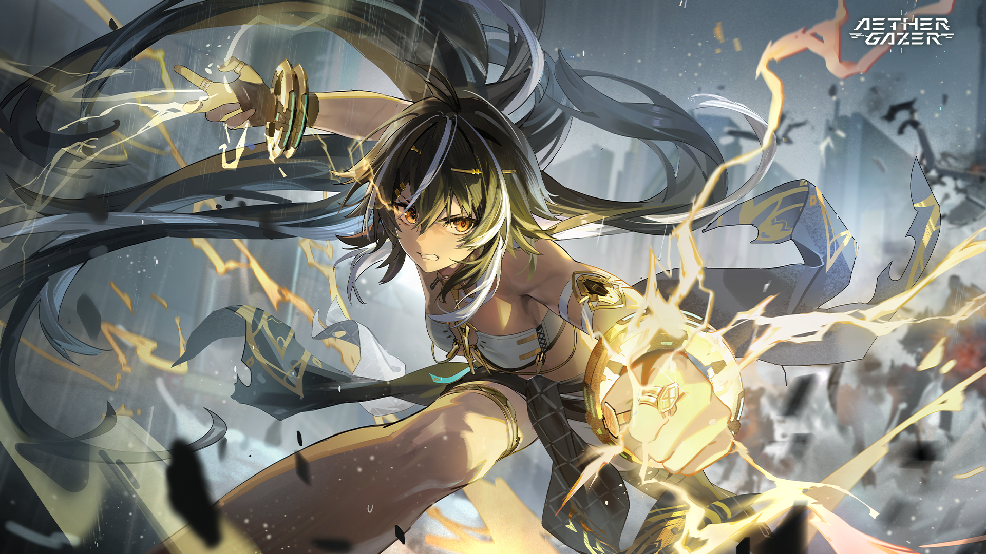 kali (aether gazer), aether gazer, artist request, highres, official art, second-party source, 1girl, arm strap, bandeau, black hair, clenched hand, clenched teeth, copyright name, gold thighlet, jewelry, long hair, mole, mole under eye, multicolored hair, multiple rings, ring, streaked hair, tan, teeth, white bandeau, white hair, yellow eyes