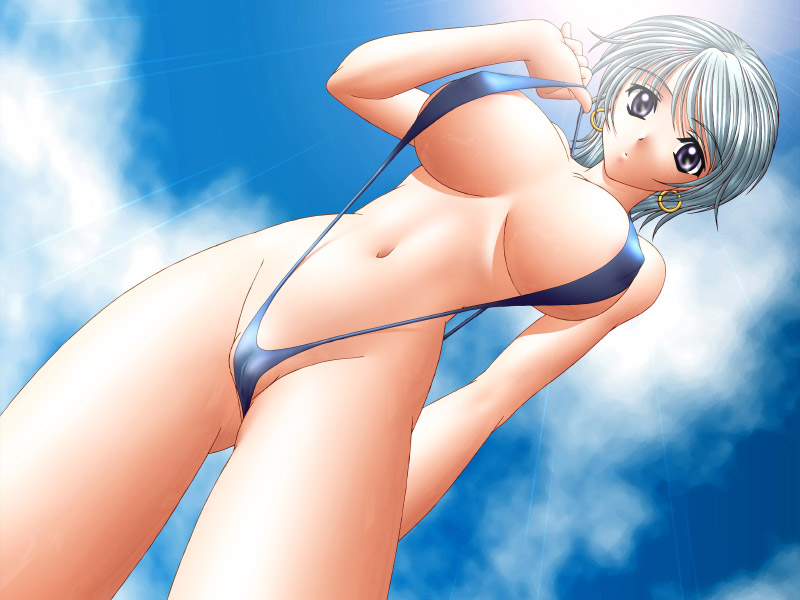 narukami kaname (flag quarters), silver hair, 1girl, adjusting clothes, adjusting swimsuit, breasts, cameltoe, clothes pull, cloud, day, dutch angle, earrings, female focus, from below, huge breasts, jewelry, navel, one-piece swimsuit pull, purple eyes, short hair, sky, slingshot swimsuit, solo, swimsuit, thighs