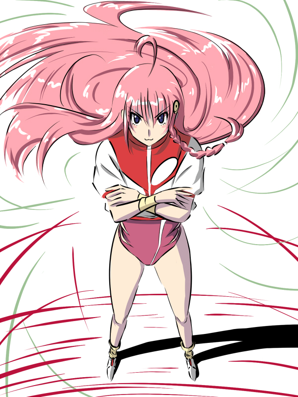 randamu no tagu ni ton dari suru hito, nono (top wo nerae 2!), takaya noriko, top wo nerae!, top wo nerae! (series), top wo nerae 2!, bad id, bad pixiv id, 1girl, :3, cosplay, crossed arms, female focus, gunbuster pose, leotard, solo, takaya noriko (cosplay), wind