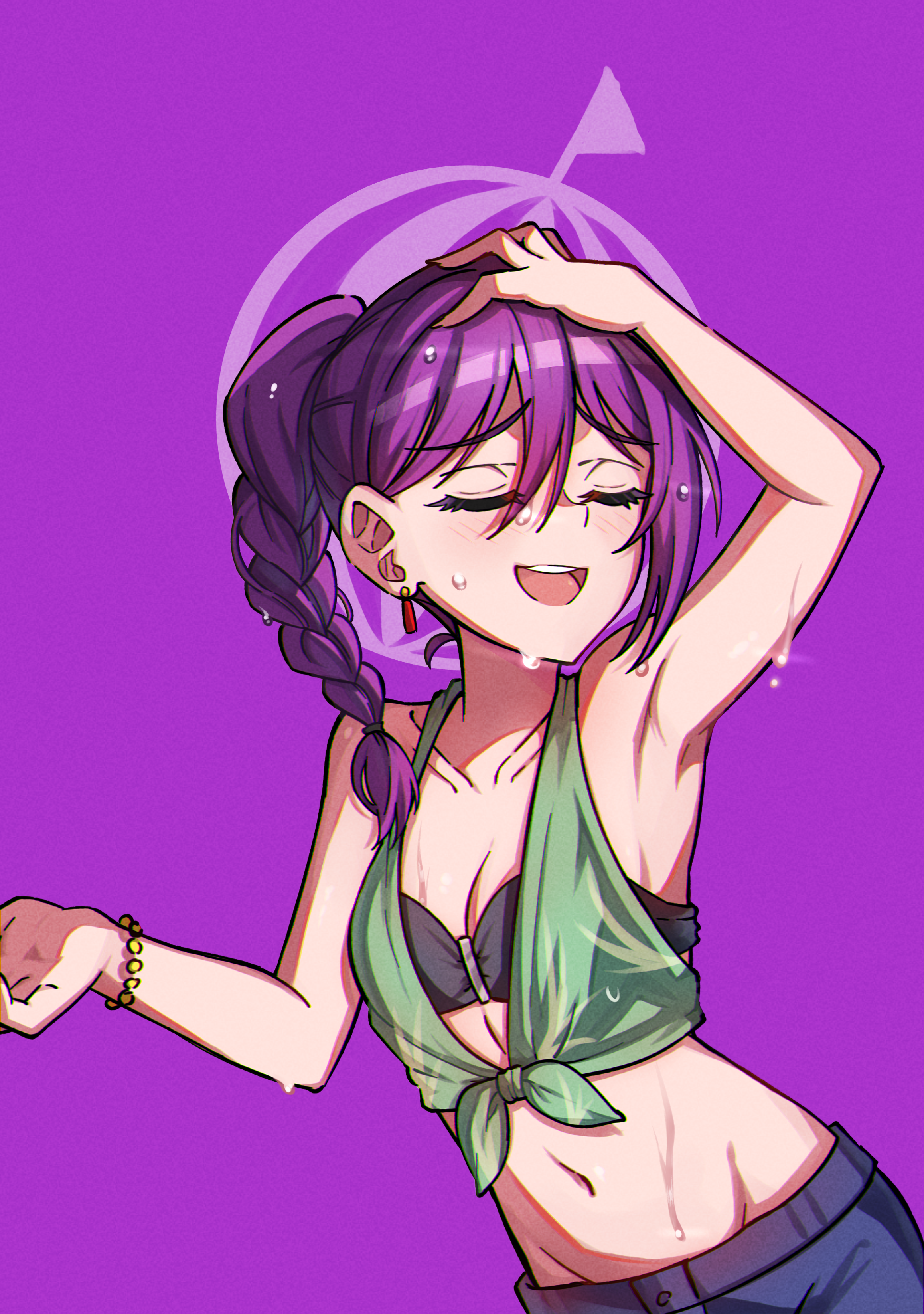 junji 17, seta kaoru, bang dream!, absurdres, commentary, highres, 1girl, bikini, black bikini, blue shorts, blush, braid, breasts, cleavage, closed eyes, cowboy shot, earrings, hair between eyes, jewelry, long hair, medium breasts, navel, open mouth, purple background, purple hair, shorts, single braid, solo, stomach, swimsuit, teeth, upper teeth only
