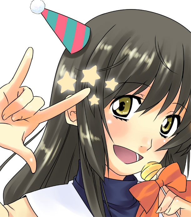 furai, ibuki fuuko, ranka lee, clannad, macross, macross frontier, bad id, bad pixiv id, third-party edit, black hair, hat, m/, microphone, parody, portrait, seikan hikou, solo, star (symbol), starfish