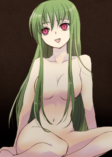plum (arch), c.c., code geass, 00s, 1girl, breasts, censored, completely nude, convenient censoring, female focus, geass, gradient background, green hair, large breasts, long hair, nude, open mouth, sitting, smile, solo