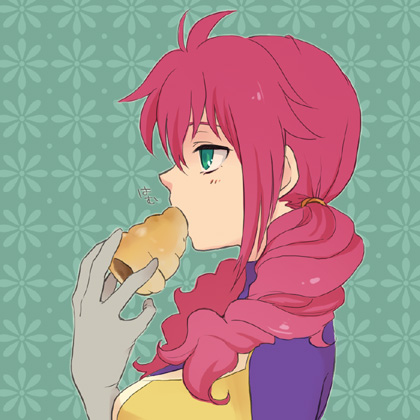 plum (arch), feldt grace, gundam, gundam 00, lowres, 00s, 1girl, chocolate cornet, eating, female focus, food, gloves, green eyes, long hair, pink hair, profile, solo, twintails, upper body