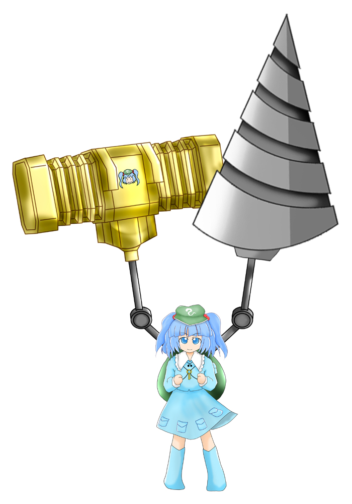 kawashiro nitori, tengen toppa gurren lagann, touhou, yuusha ou gaogaigar, yuusha series, bad id, bad pixiv id, 00s, 1girl, blue hair, crossover, drill, female focus, giga drill break, golden hammer, goldion hammer, hammer, happy, looking at viewer, simple background, skirt, smile, solo, two side up, white background