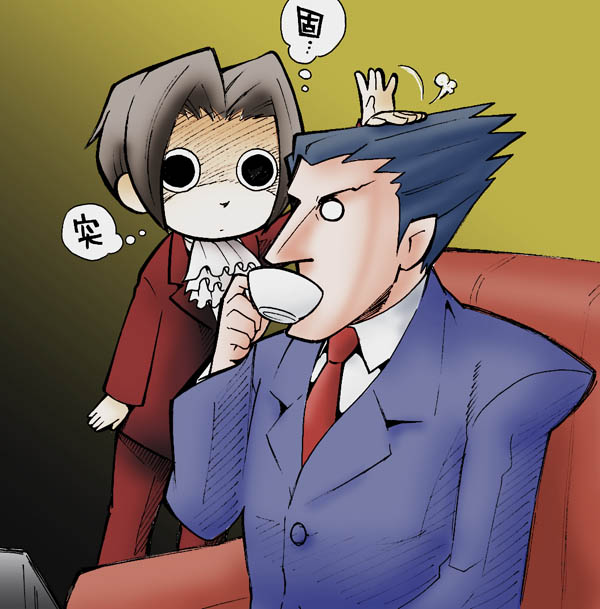 chabudai (chabu), miles edgeworth, phoenix wright, ace attorney, capcom, osawari tantei, translation request, 2boys, ascot, beeworks, blue hair, cup, formal clothes, grey hair, male focus, multiple boys, necktie, parody, suit