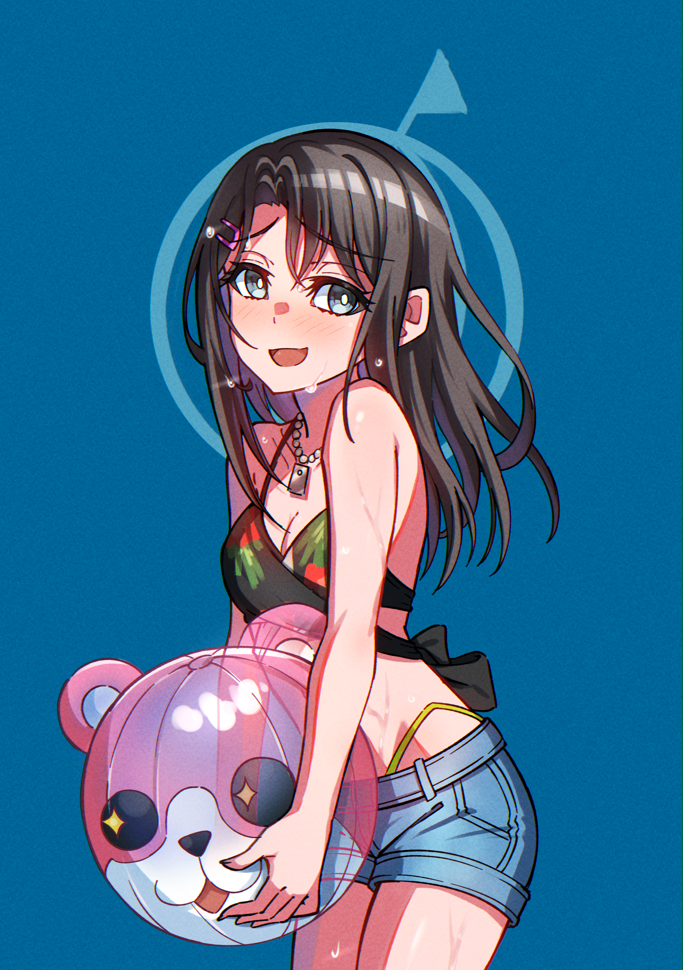 junji 17, michelle (bang dream!), okusawa misaki, bang dream!, absurdres, commentary, highres, 1girl, ball, beachball, bikini, bikini under clothes, black bikini, black hair, blue background, blue eyes, blue shorts, blush, breasts, cleavage, collarbone, hair ornament, hairclip, highleg, highleg bikini, jewelry, long hair, medium breasts, necklace, open mouth, shorts, solo, swimsuit