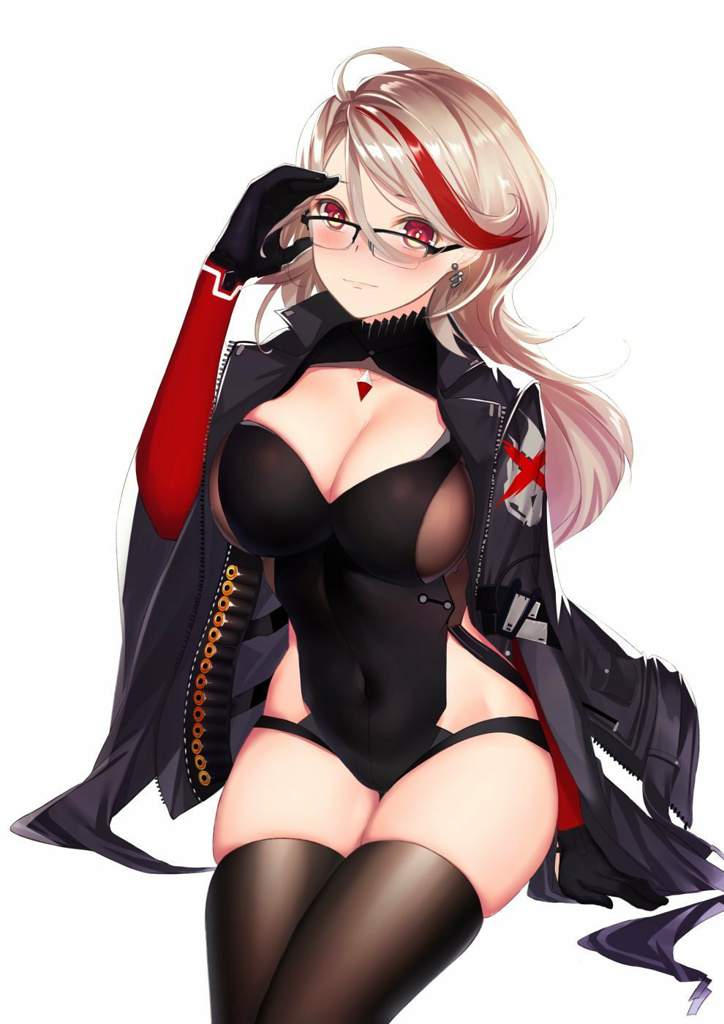 miriam (34502423), m1887 (girls' frontline), girls' frontline, artist request, 1girl, black jacket, black thighhighs, blush, breasts, brown hair, earrings, gloves, hair between eyes, jacket, jewelry, open clothes, red eyes, sitting, solo, thighhighs, white background