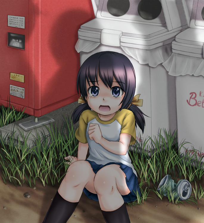 beidan, original, 1girl, black hair, can, child, female focus, flat chest, grass, hair ribbon, imminent rape, purple eyes, raglan sleeves, ribbon, scared, shadow, short twintails, sitting, skirt, socks, solo, tears, trash can, twintails, vending machine