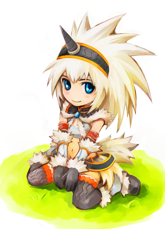 hironox, capcom, monster hunter (series), 1girl, blue eyes, blush, elbow gloves, female focus, gloves, hairband, horns, kirin (armor), kneeling, single horn, sitting, smile, solo, thighhighs, wariza, white hair