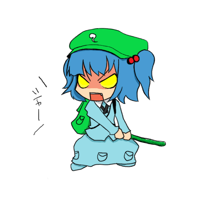kawashiro nitori, touhou, 1girl, backpack, bag, blue dress, blue hair, cucumber, dress, female focus, food, full body, hair bobbles, hair ornament, holding, long sleeves, pocket, solo, standing, two side up, vegetable, yellow eyes