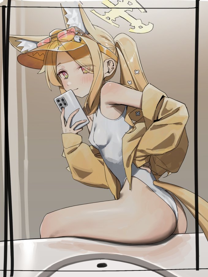 syhan, seia (blue archive), seia (swimsuit) (blue archive), blue archive, 1girl, animal ear fluff, animal ears, ass, bare shoulders, bathroom, blonde hair, blush, breasts, cellphone, closed mouth, cross halo, fox ears, fox girl, halo, holding, holding phone, indoors, jacket, long hair, long sleeves, mirror selfie, official alternate hairstyle, one-piece swimsuit, open clothes, open jacket, orange-tinted eyewear, petite, phone, selfie, sitting, small breasts, smartphone, smile, solo, swimsuit, tail, thighs, tinted eyewear, white one-piece swimsuit, yellow eyes, yellow halo, yellow jacket, yellow visor