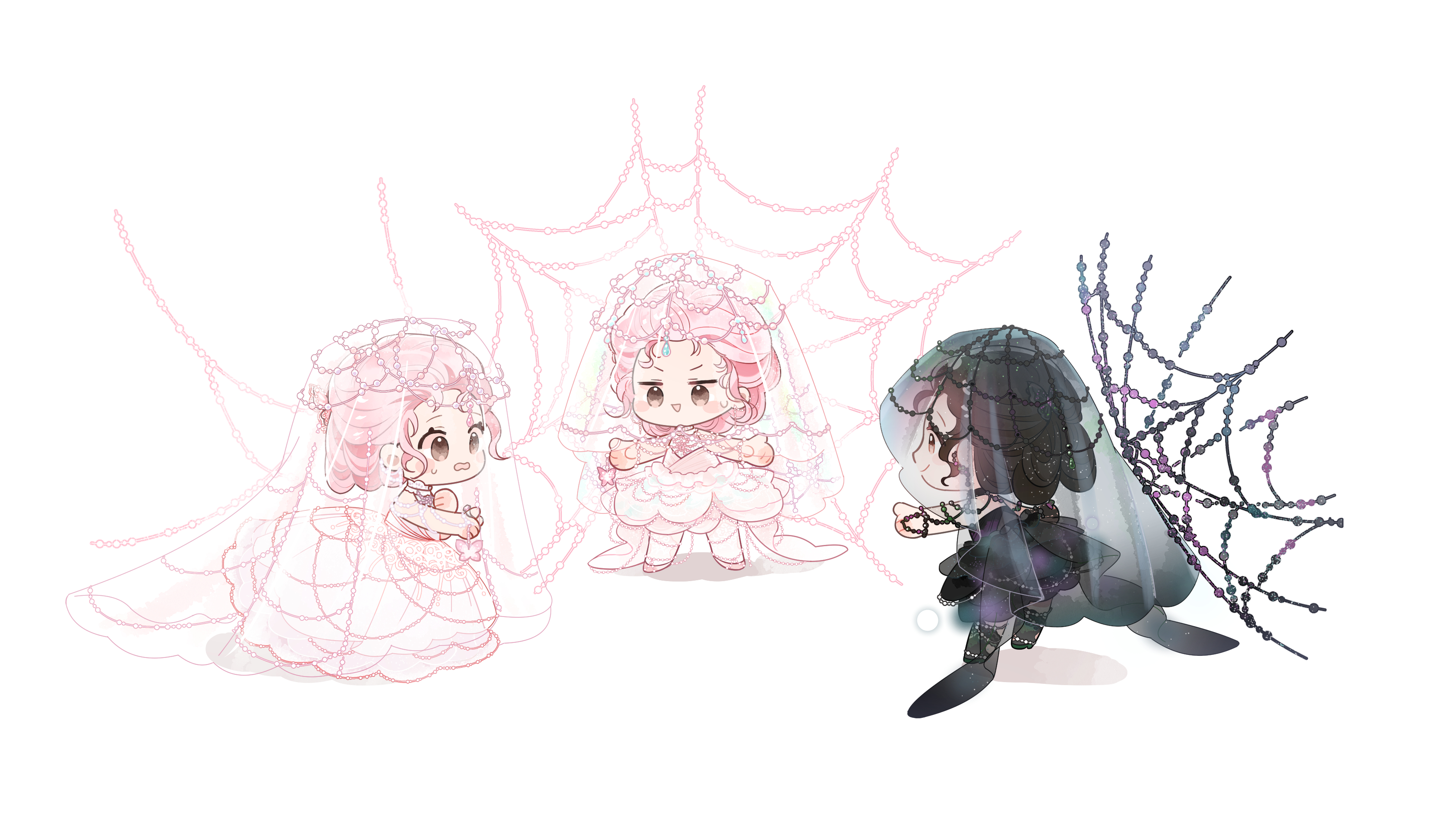 nikki (series), shining nikki, absurdres, artist request, commentary, english commentary, highres, official art, second-party source, 3girls, beads, black dress, black hair, black shoes, black socks, black veil, blush stickers, brown eyes, chibi, circlet, closed mouth, dress, forehead, gown, half updo, hand on own chest, kneehighs, lightweaving kiss (shining nikki), medium dress, meme, multiple girls, multiple persona, neck, nervous, nervous smile, official alternate color, open mouth, pink dress, pink hair, pink shoes, pointing, pointing at another, pointing spider-man (meme), pointy nose, see-through clothes, see-through veil, shoes, short hair, silk, simple background, smile, socks, spider web, strapless, strapless dress, v-shaped eyebrows, veil, white background, white socks, white veil