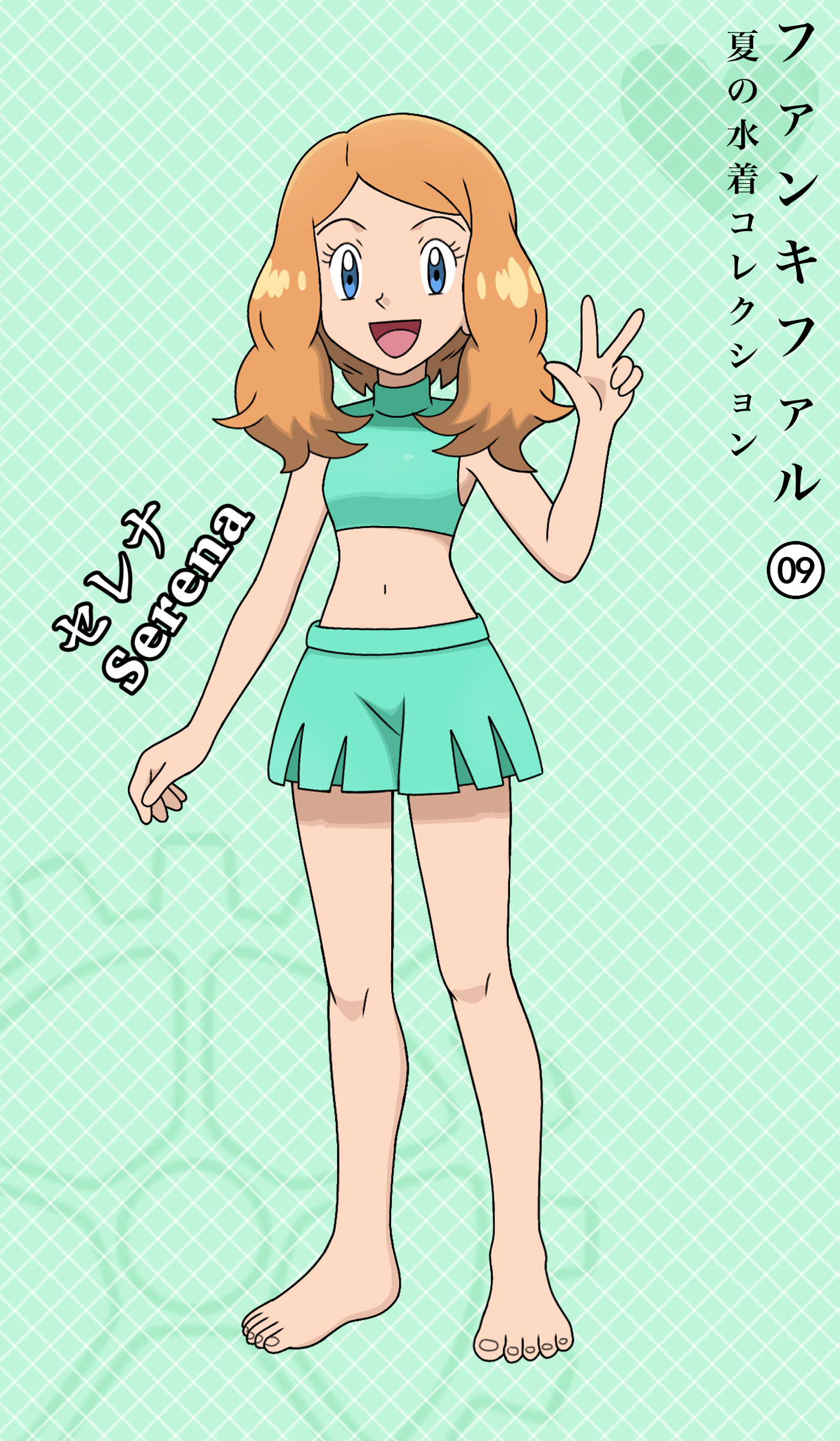 fankifalu, serena (pokemon), nintendo, pokemon, pokemon (anime), pokemon xy, absurdres, highres, variant set, 1girl, aqua background, aqua bikini, arm at side, armpit crease, barefoot, bikini, bikini shorts, blonde hair, blue eyes, breasts, character name, clenched hand, curled fingers, eyelashes, feet, female focus, full body, hand up, happy, japanese text, knees, legs, long hair, looking at viewer, midriff, navel, official alternate costume, open mouth, parted bangs, shorts, sidelocks, small breasts, standing, swimsuit, toenails, toes, v