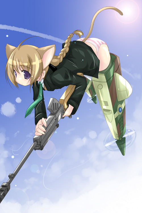 yumesato makura, lynette bishop, strike witches, world witches series, 00s, 1girl, animal ears, anti-materiel rifle, braid, cat ears, cat tail, day, female focus, green necktie, gun, long hair, necktie, panties, rifle, single braid, sky, sniper rifle, solo, striker unit, striped clothes, striped panties, sun, tail, underwear, weapon