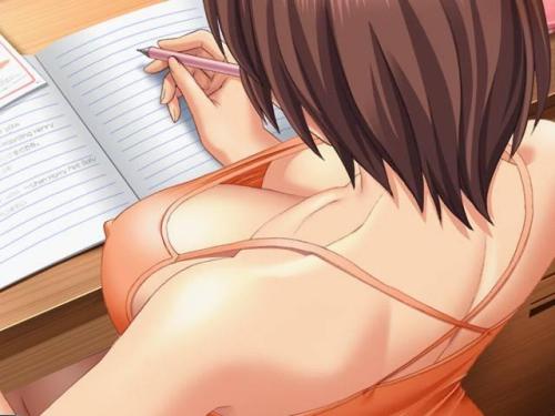 lowres, breasts, brown hair, cleavage, large breasts, top view, writing