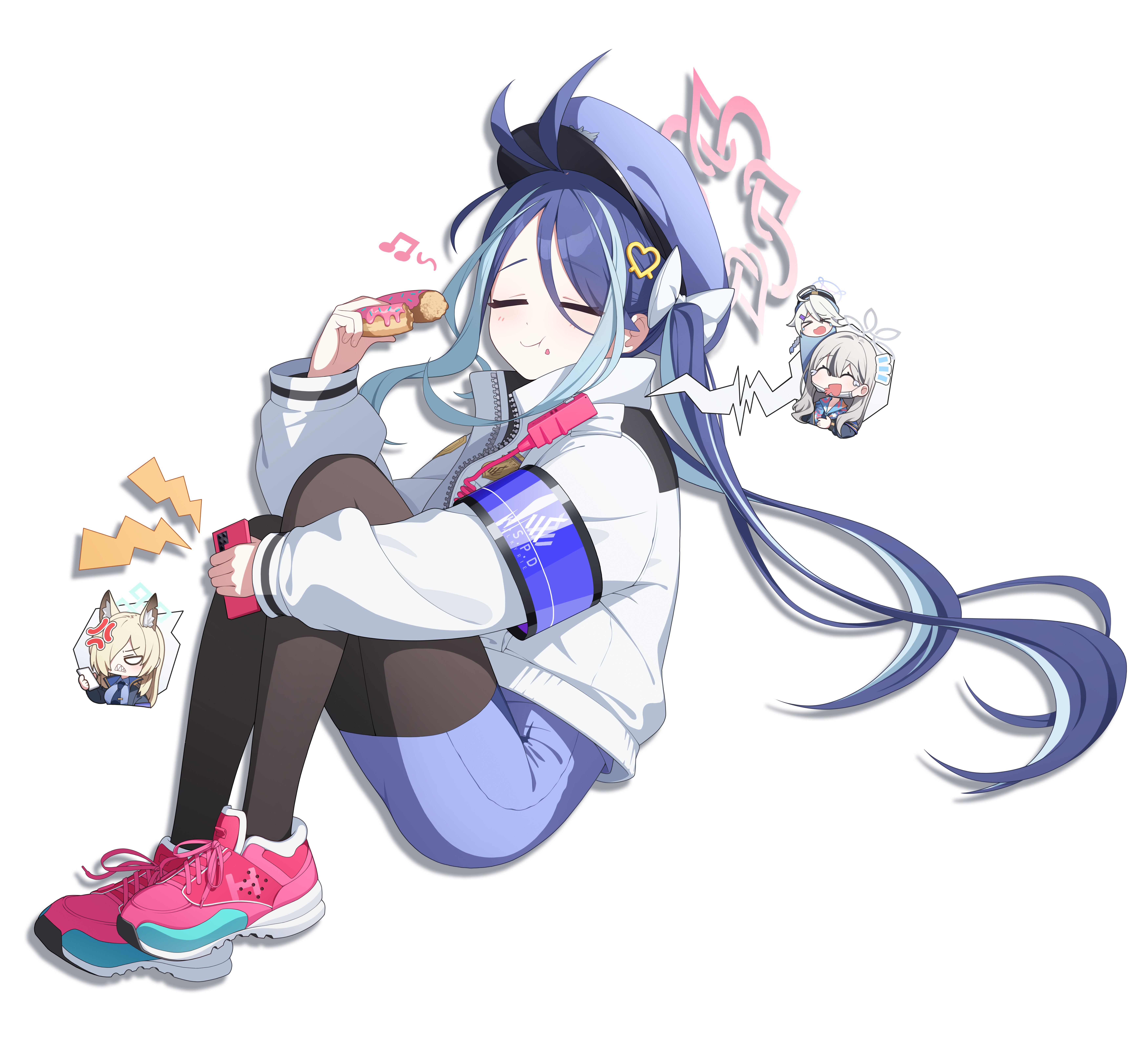 dong ji, fubuki (blue archive), kanna (blue archive), konoka (blue archive), blue archive, absurdres, commentary request, highres, 4girls, black pantyhose, blue hair, blue hat, blue shorts, closed eyes, closed mouth, donut, eating, food, full body, hair ornament, halo, hat, heart, heart hair ornament, holding, holding donut, holding food, long hair, multicolored hair, multiple girls, pantyhose, pink halo, pink shoes, shoes, shorts, simple background, sneakers, solo focus, thighs, two-tone hair, white background