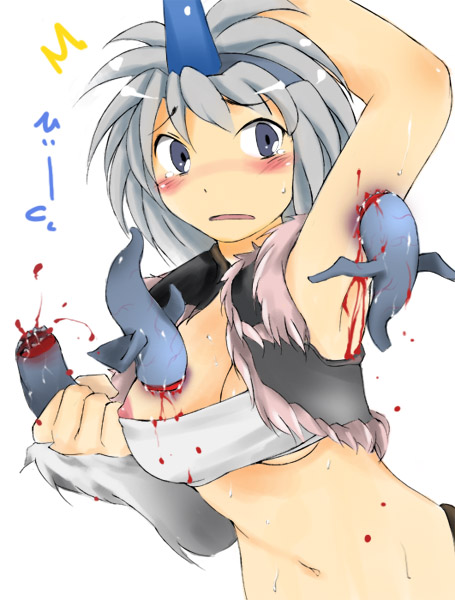 khezu, capcom, monster hunter (series), bandeau bikini, biting, blood, blue eyes, blush, guro, horns, kirin (armor), single horn