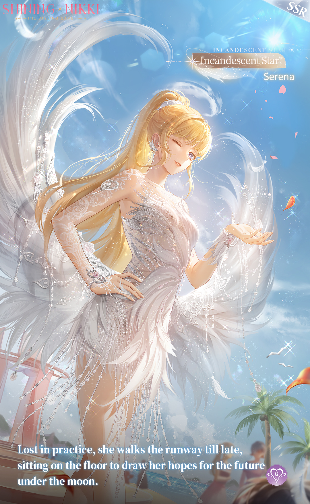 serena (shining nikki), nikki (series), shining nikki, artist request, commentary, english commentary, highres, official art, second-party source, 1girl, arm warmers, bare legs, bare shoulders, beach, bird, blonde hair, blue sky, breasts, character name, cleavage, cloud, collarbone, copyright name, cowboy shot, dress, earrings, english text, eyelashes, fake wings, falling petals, feather dress, feather earrings, feathered wings, feathers, grey eyes, hair intakes, hair ornament, hair scrunchie, hand on own hip, hand up, happy, high ponytail, incandescent star (shining nikki), jewelry, lace arm warmers, light particles, lipstick, logo, long hair, looking at viewer, makeup, mountainous horizon, ocean, one eye closed, palm tree, parted lips, petals, ponytail, red lips, scrunchie, seagull, short dress, single arm warmer, sky, small breasts, smile, solo focus, sparkle, standing, strapless, strapless dress, sun, tree, very long hair, white arm warmers, white dress, white scrunchie, white wings, wings