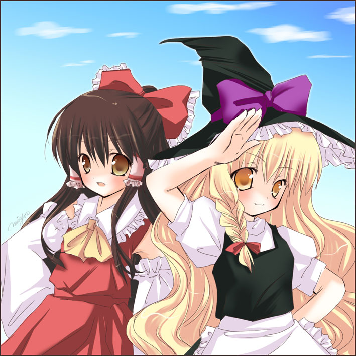 miyoochi, hakurei reimu, kirisame marisa, touhou, 2girls, blonde hair, female focus, gradient background, hat, japanese clothes, long hair, miko, multiple girls, outdoors, ribbon, sky