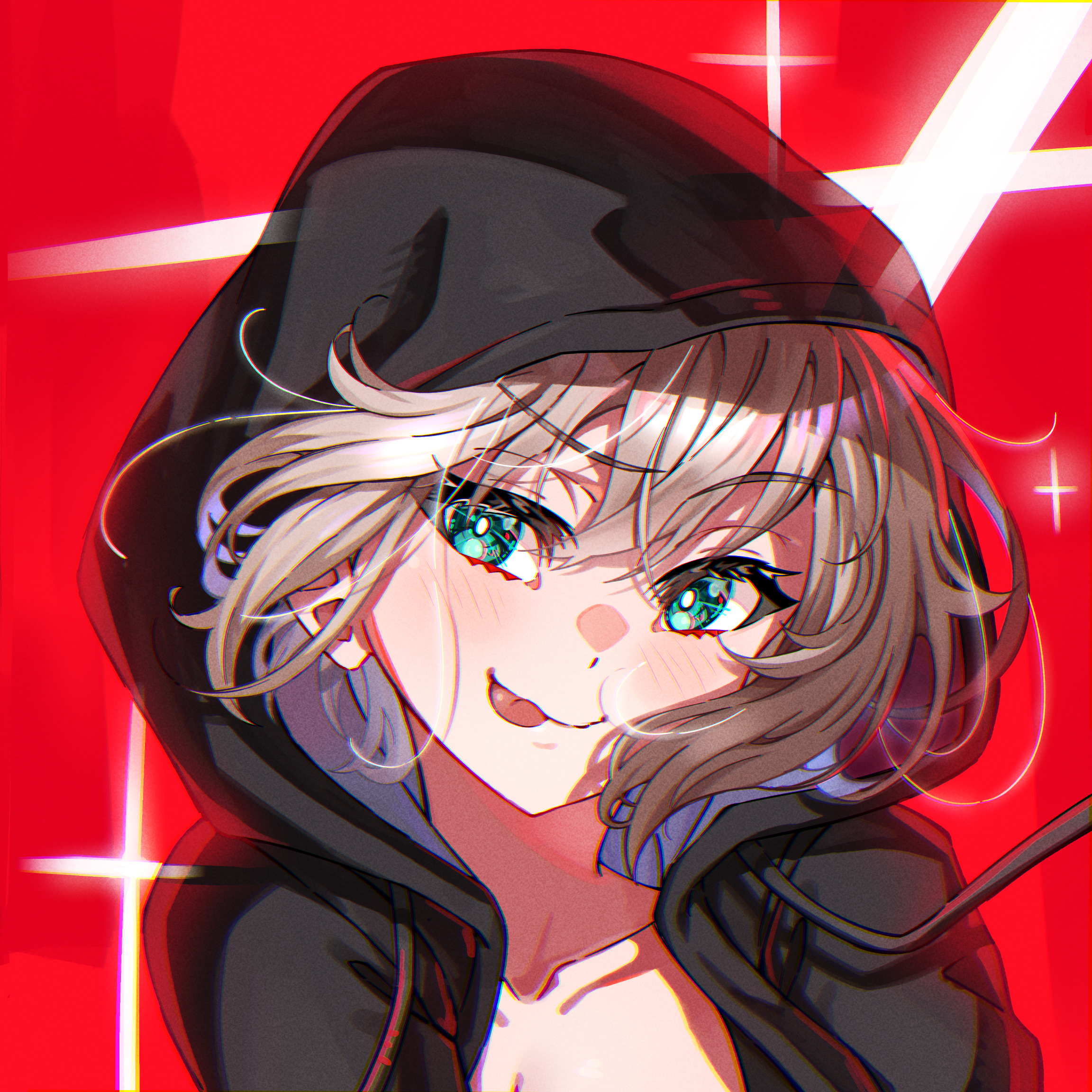 junji 17, aoba moca, bang dream!, commentary, highres, 1girl, aqua eyes, black jacket, blush, closed mouth, grey hair, hood, hood up, hooded jacket, jacket, open clothes, open jacket, portrait, red background, short hair, solo, tongue, tongue out, upper body