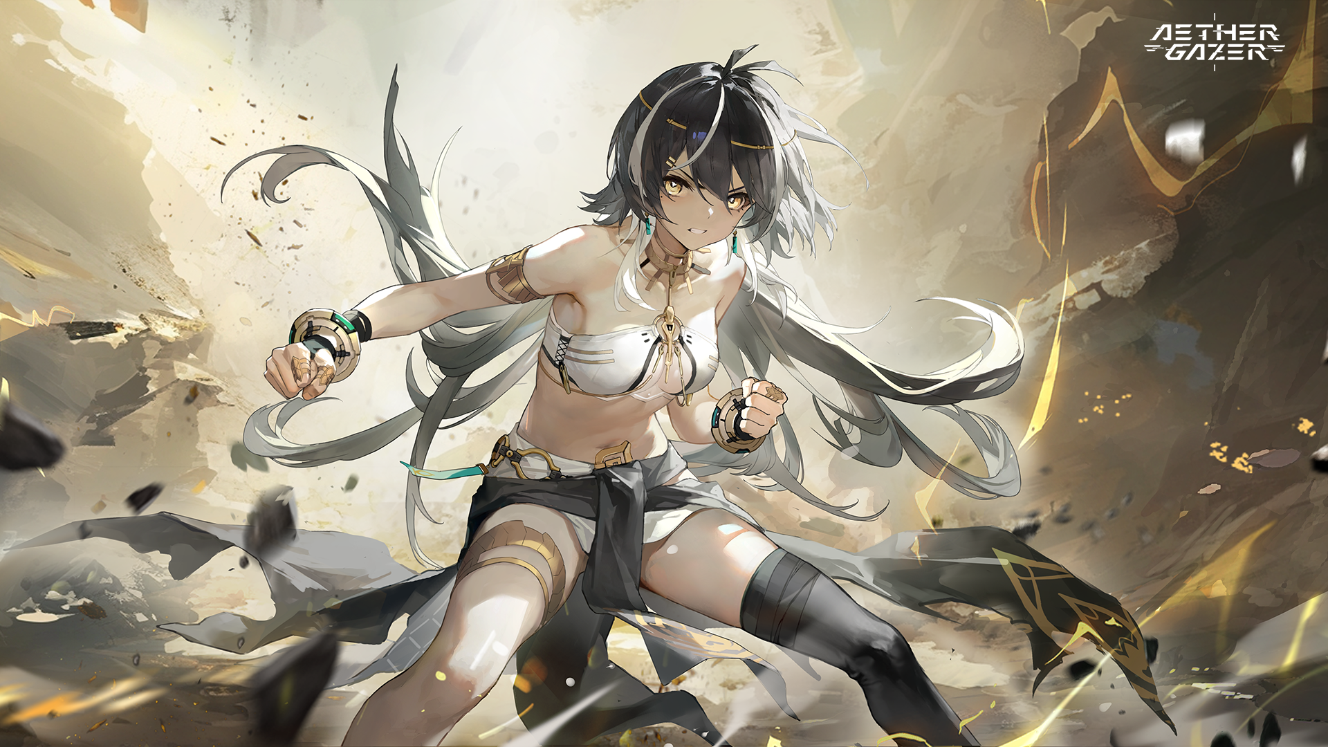 kali (aether gazer), aether gazer, gold armlet, gold collar, artist request, highres, official art, second-party source, 1girl, black hair, black thighhighs, breasts, clenched hands, clenched teeth, copyright name, earrings, jewelry, long hair, mole, mole under eye, multicolored hair, single thighhigh, small breasts, solo, stomach, streaked hair, teeth, thighhighs, white hair, yellow eyes