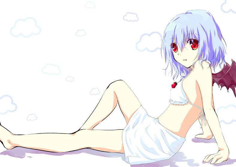 miyoochi, remilia scarlet, touhou, bad id, bad pixiv id, 1girl, blue hair, bra, female focus, short hair, solo, underwear, white background, wings