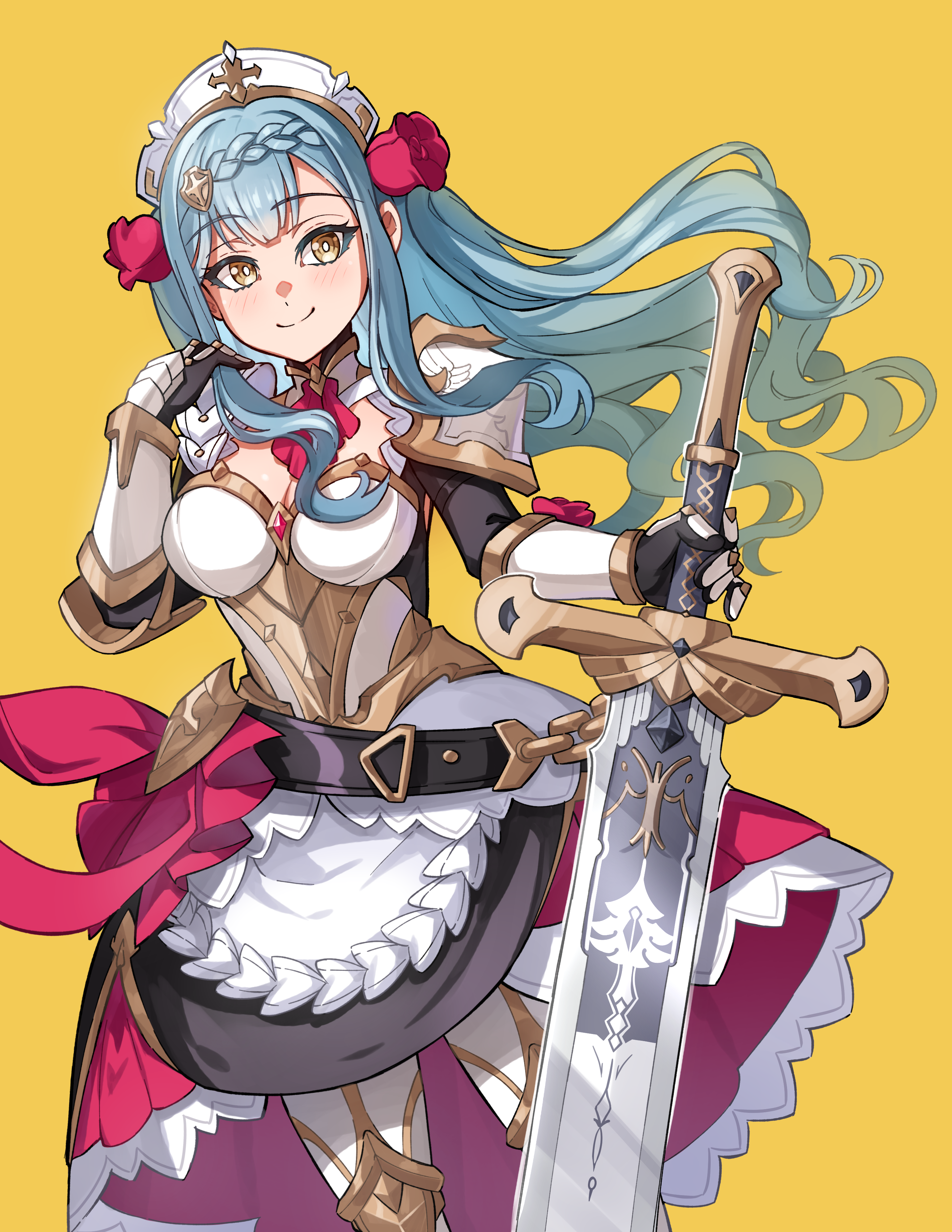 junji 17, noelle (genshin impact), togawa sakiko, bang dream!, bang dream! it's mygo!!!!!, genshin impact, absurdres, commentary, highres, 1girl, black gloves, blue hair, blush, braid, breasts, cleavage, closed mouth, cosplay, flower, gloves, hair flower, hair ornament, hat, long hair, medium breasts, noelle (genshin impact) (cosplay), red flower, simple background, solo, sword, two side up, voice actor connection, weapon, white hat, yellow background, yellow eyes