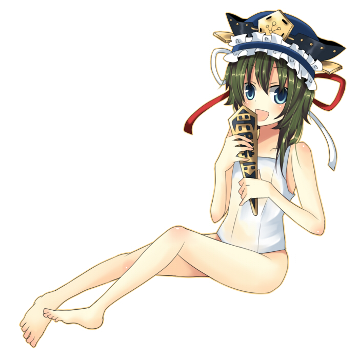 umi (umi02), shiki eiki, touhou, bad id, bad pixiv id, 1girl, female focus, green hair, hat, one-piece swimsuit, ribbon, rod of remorse, school swimsuit, short hair, solo, swimsuit, white one-piece swimsuit, white school swimsuit