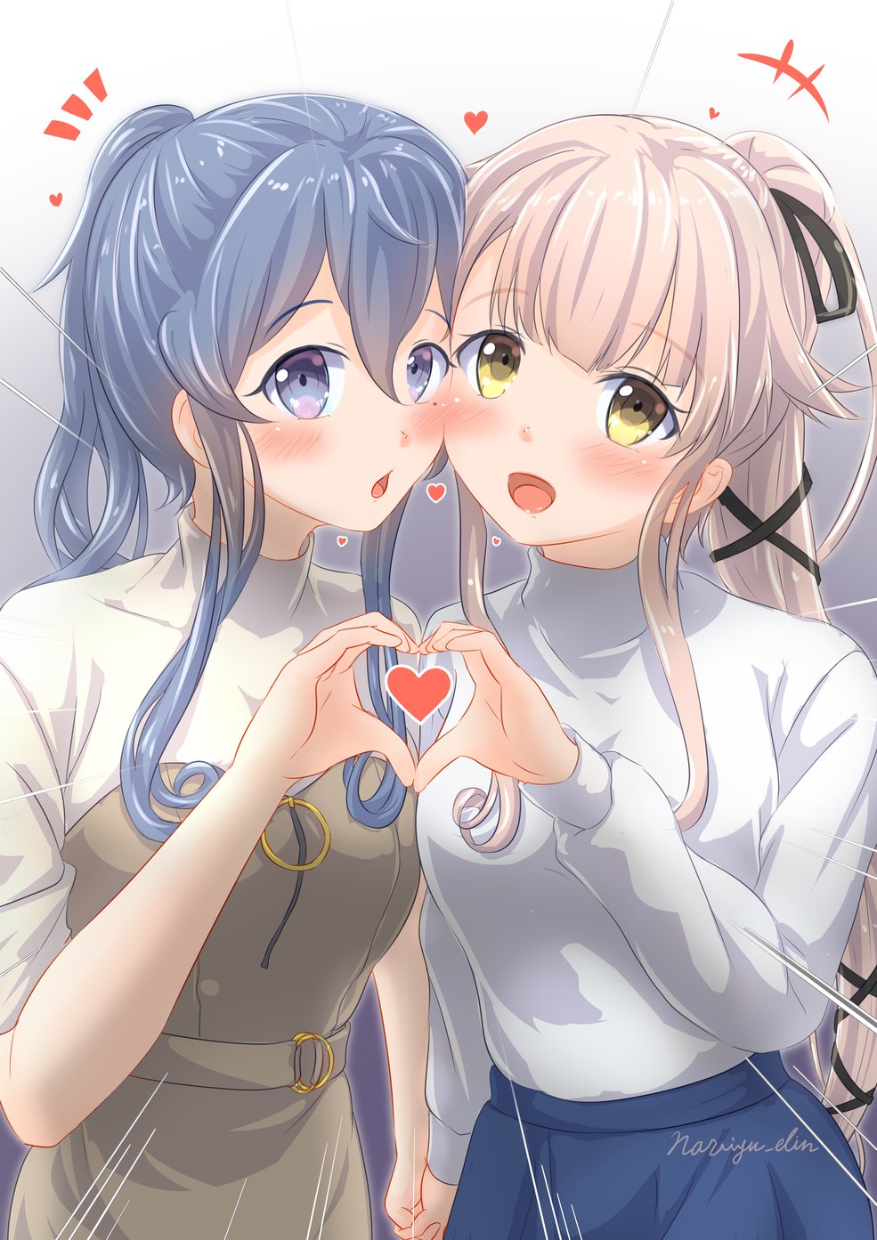 naviyu elin, gotland (kancolle), gotland (saury festival) (kancolle), yura (kancolle), yura (maizuru) (kancolle), kantai collection, highres, +++, 2girls, blue eyes, blue hair, blue skirt, brown eyes, cheek-to-cheek, collared shirt, dress, dress shirt, grey dress, hair flaps, hair ribbon, heads together, heart, heart hands, heart hands duo, long hair, looking at viewer, mole, mole under eye, multiple girls, notice lines, official alternate costume, pink hair, ponytail, ribbon, shirt, sidelocks, skirt, sweater, upper body, very long hair, white shirt, white sweater
