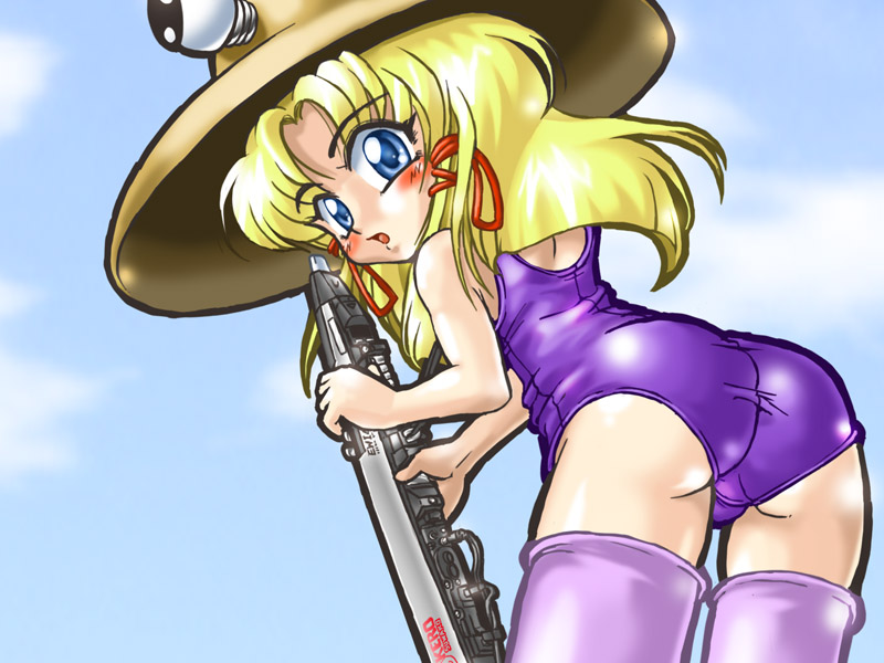 winn, moriya suwako, touhou, 1girl, ass, blonde hair, blue eyes, blush, electric wind instrument, female focus, gradient background, hat, instrument, one-piece swimsuit, outdoors, purple one-piece swimsuit, purple school swimsuit, ribbon, school swimsuit, sky, solo, swimsuit, thighhighs