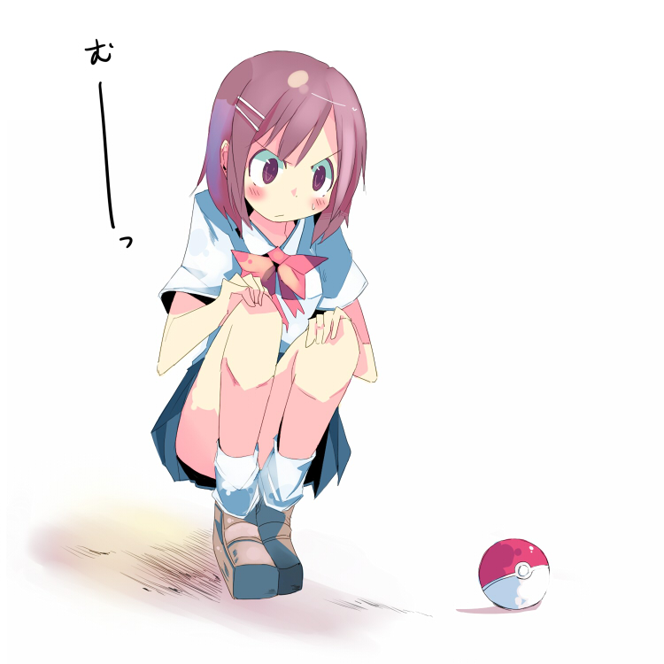 kanikama, nintendo, pokemon, 1girl, brown hair, female focus, full body, gradient background, poke ball, poke ball (basic), school uniform, serafuku, short hair, simple background, skirt, solo, squatting, white background