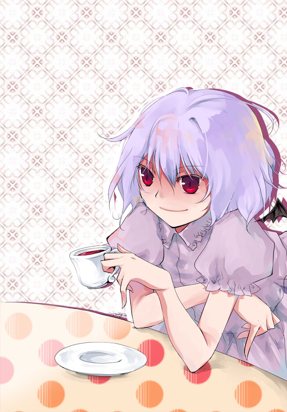 miyoochi, remilia scarlet, touhou, light purple hair, 1girl, dress, drink, expressionless, female focus, holding, puffy short sleeves, puffy sleeves, purple dress, red eyes, saucer, shaded face, short hair, short sleeves, solo, steam, table, tea, upper body