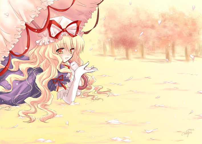 miyoochi, yakumo yukari, touhou, 1girl, blonde hair, blush, cherry blossoms, elbow gloves, female focus, gloves, hat, looking at viewer, lying, mob cap, on stomach, outdoors, purple eyes, solo, spring (season), white gloves