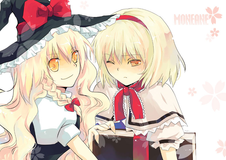 miyoochi, alice margatroid, kirisame marisa, touhou, 2girls, blonde hair, blush, bow, brown eyes, capelet, closed mouth, female focus, hair bow, hat, hat bow, multiple girls, puffy short sleeves, puffy sleeves, red bow, shaded face, short hair, short sleeves, smile, upper body, witch hat