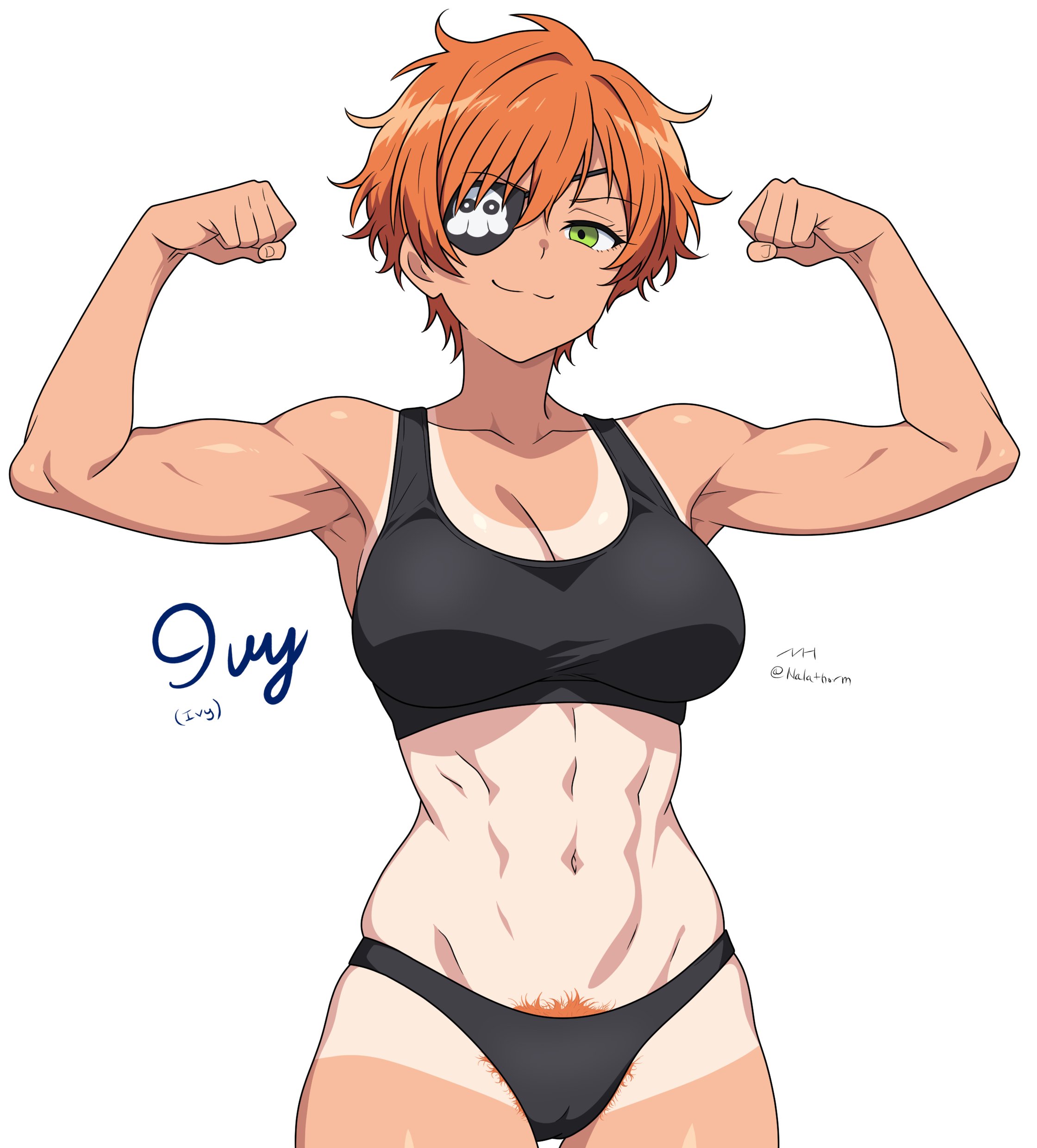 nalathorm, original, absurdres, commentary, commission, english commentary, highres, 1girl, :3, abs, armpits, arms up, artist name, black panties, black sports bra, breasts, cameltoe, character name, clenched hands, cowboy shot, double biceps pose, eyepatch, female pubic hair, flexing, green eyes, ivy (wafflemann115), large breasts, muscular, muscular female, navel, orange hair, panties, pubic hair, pubic hair peek, short hair, simple background, solo, sports bra, tan, tanline, tomboy, twitter username, underwear, underwear only, white background