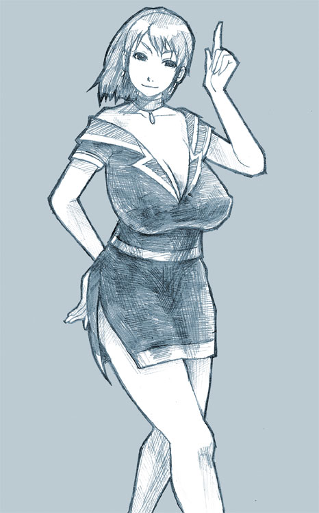 date ryuuji, bad id, bad pixiv id, 1girl, blue theme, breasts, cleavage, dress, earrings, female focus, huge breasts, jewelry, monochrome, ponytail, solo