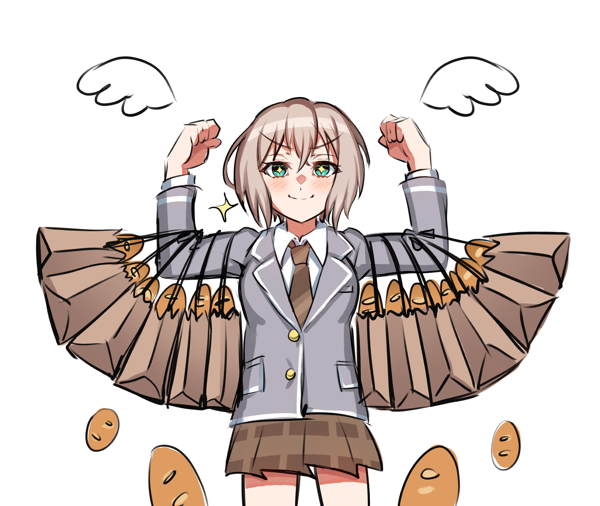 junji 17, aoba moca, bang dream!, bang dream! it's mygo!!!!!, commentary, highres, 1girl, aqua eyes, bag, blush, bread, brown necktie, brown skirt, closed mouth, diagonal-striped clothes, diagonal-striped necktie, food, grey hair, grey jacket, haneoka school uniform, jacket, long sleeves, necktie, pleated skirt, scene reference, school uniform, shopping bag, short hair, skirt, solo, star-shaped pupils, star (symbol), striped clothes, symbol-shaped pupils