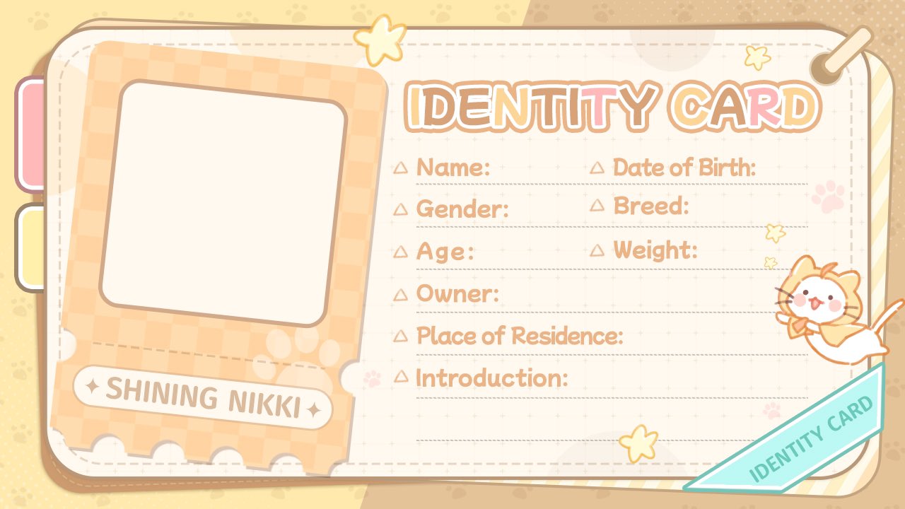 momo (nikki), nikki (series), shining nikki, commentary, english commentary, official art, second-party source, ahoge, animal, black eyes, blush stickers, bookmark, bow, bowtie, cat, cloak, clothed animal, copyright name, ear covers, english text, hood, hood up, hooded cloak, id card, no humans, object focus, open mouth, orange bow, orange bowtie, paw print, paw print background, smile, solid circle eyes, star (symbol), white cat, yellow background, yellow cloak, yellow theme
