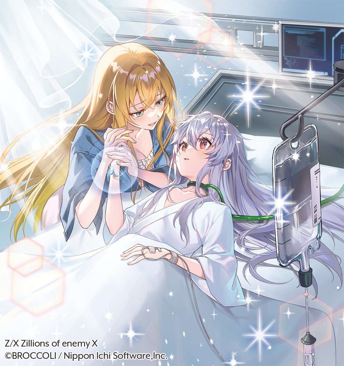 konatsu hare, kagamihara azumi, rigel (z/x), z/x, highres, official art, 2girls, bed, blonde hair, blue eyes, blue jacket, bracelet, breasts, cleavage, copyright notice, curtains, eye contact, grey hair, hair down, holding hands, hospital, hospital bed, hospital gown, indoors, intravenous drip, iv stand, jacket, jewelry, long hair, looking at another, multiple girls, on bed, open clothes, open jacket, open mouth, red eyes, shirt, sparkle, tears, tube, very long hair, white shirt