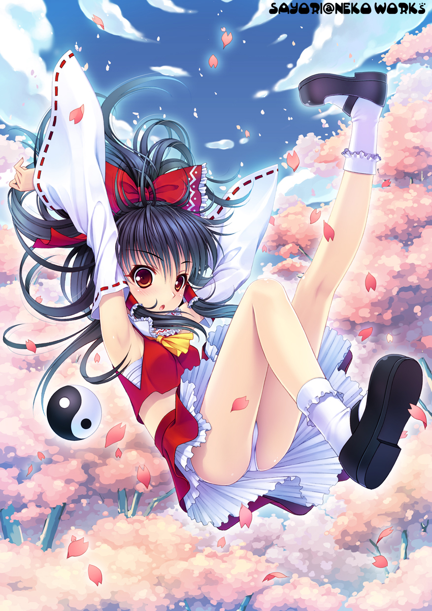 sayori (neko works), hakurei reimu, touhou, bad id, bad pixiv id, highres, 1girl, armpits, black hair, bow, cherry blossoms, detached sleeves, falling, female focus, hair bow, japanese clothes, mary janes, miko, panties, pantyshot, petals, red eyes, ribbon, sarashi, shoes, solo, underwear, yin yang