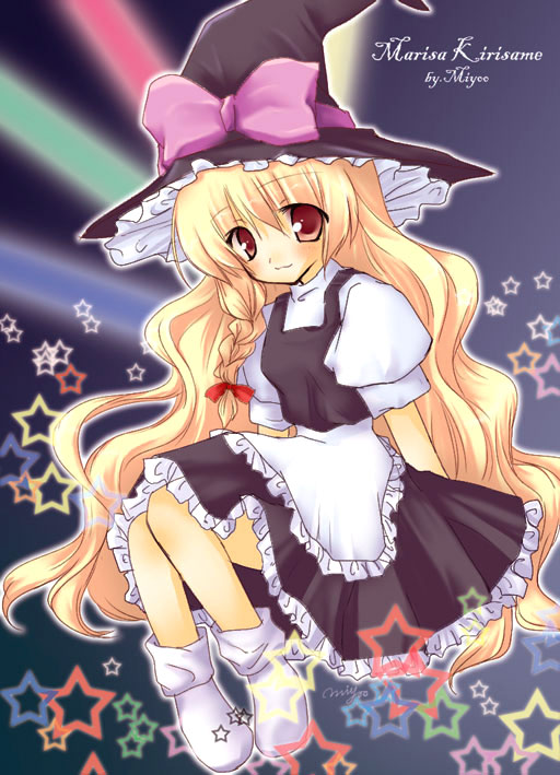 miyoochi, kirisame marisa, touhou, eyebrows, 1girl, apron, artist name, black hat, black shoes, black skirt, black vest, blonde hair, bow, braid, character name, closed mouth, female focus, frilled apron, frills, full body, hair between eyes, hair bow, hat, hat bow, hat ribbon, long hair, looking at viewer, no shoes, pink bow, puffy short sleeves, puffy sleeves, red bow, red eyes, ribbon, shirt, shoes, short sleeves, sitting, skirt, smile, socks, solo, star (symbol), vest, waist apron, white apron, white bow, white shirt, white socks, witch hat