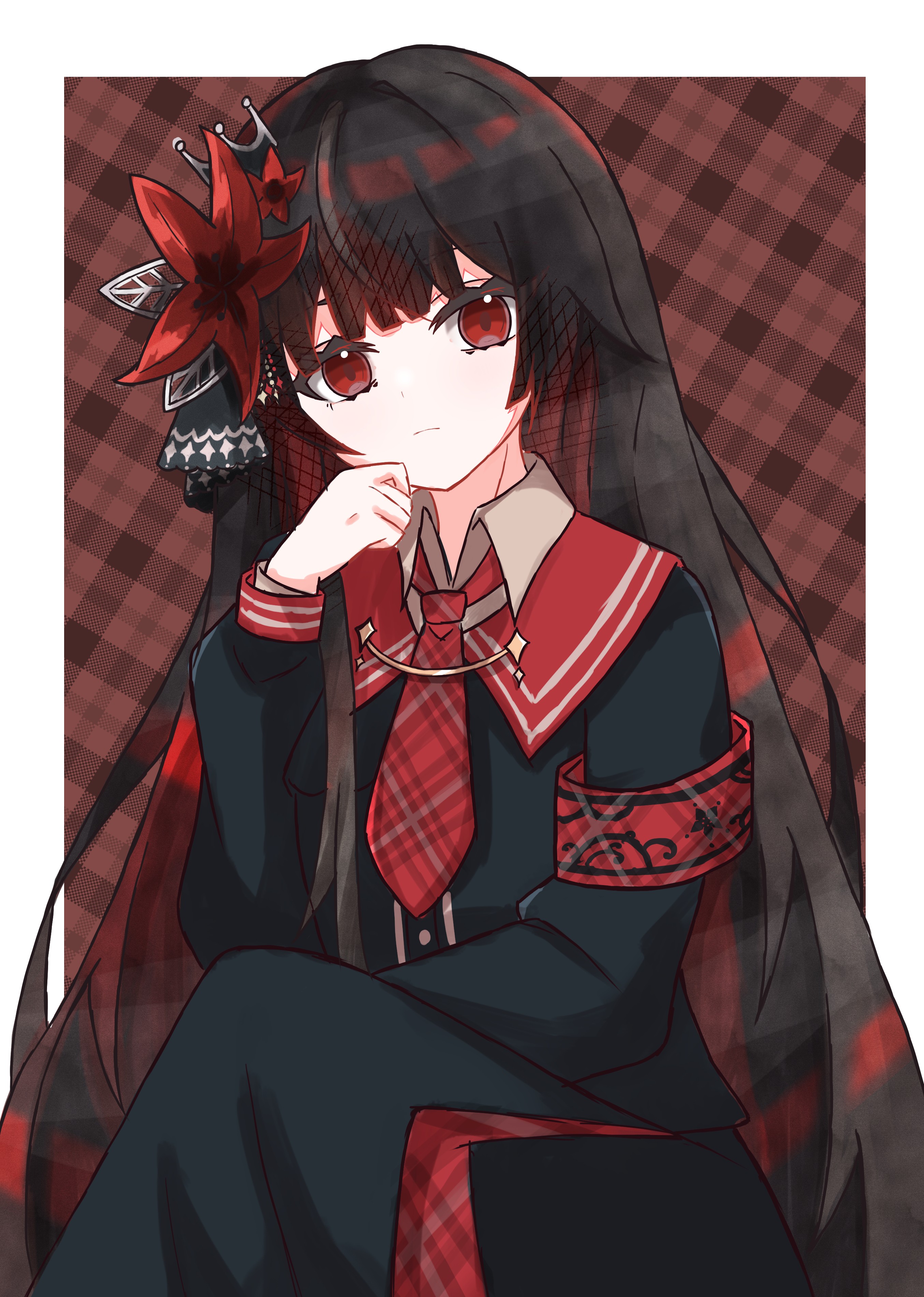noir (noire6959), nikaidou hiro, mahou shoujo no majo saiban, absurdres, commentary request, highres, 1girl, armband, black hair, black shirt, black skirt, border, closed mouth, crown, flower, hair flower, hair ornament, hand on own cheek, hand on own face, hand up, long hair, long sleeves, looking at viewer, magical girl, necktie, outside border, plaid clothes, plaid necktie, red armband, red background, red eyes, red flower, red necktie, shirt, sitting, skirt, solo, white border