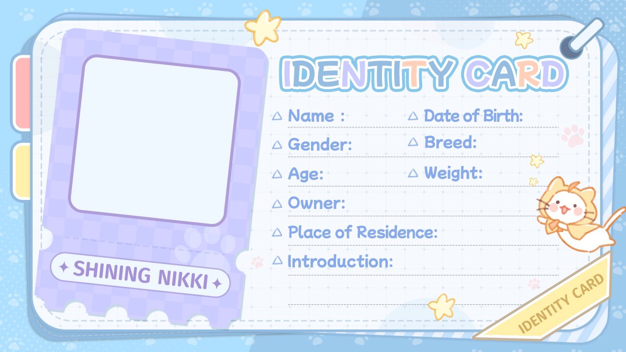 momo (nikki), nikki (series), shining nikki, commentary, english commentary, official art, second-party source, ahoge, animal, black eyes, blue theme, blush stickers, bookmark, bow, bowtie, cat, cloak, clothed animal, copyright name, ear covers, english text, hood, hood up, hooded cloak, id card, no humans, object focus, open mouth, orange bow, orange bowtie, paw print, paw print background, smile, solid circle eyes, star (symbol), white cat, yellow background, yellow cloak