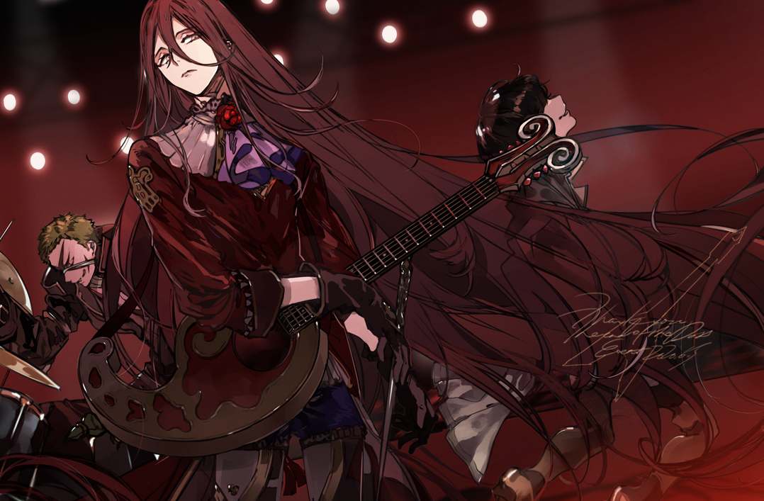 suou (sdurorhr), aoidos, justin (granblue fantasy), valentin (granblue fantasy), granblue fantasy, 3boys, armor, ascot, band (music), bandage on face, bandaged neck, bandages, black gloves, black hair, black jacket, boots, brooch, cape, closed eyes, closed mouth, coat, cowboy shot, drum, drum set, drumsticks, expressionless, flower, flower brooch, frilled shirt collar, frills, gloves, green hair, guitar, hair between eyes, hair over eyes, head back, holding, holding drumsticks, holding guitar, holding instrument, holding wand, instrument, jacket, jewelry, kneeling, long hair, long hair between eyes, long sleeves, looking at viewer, male focus, multiple boys, pants, parted lips, pauldrons, playing drum, purple ascot, red background, red coat, red flower, red rose, rose, scar, scar on face, shirt, short bangs, short hair, shoulder armor, sideways glance, sleeve cuffs, spotlight, stage lights, standing, thigh boots, v-shaped eyebrows, very long hair, wand, white cape, white shirt, yellow eyes