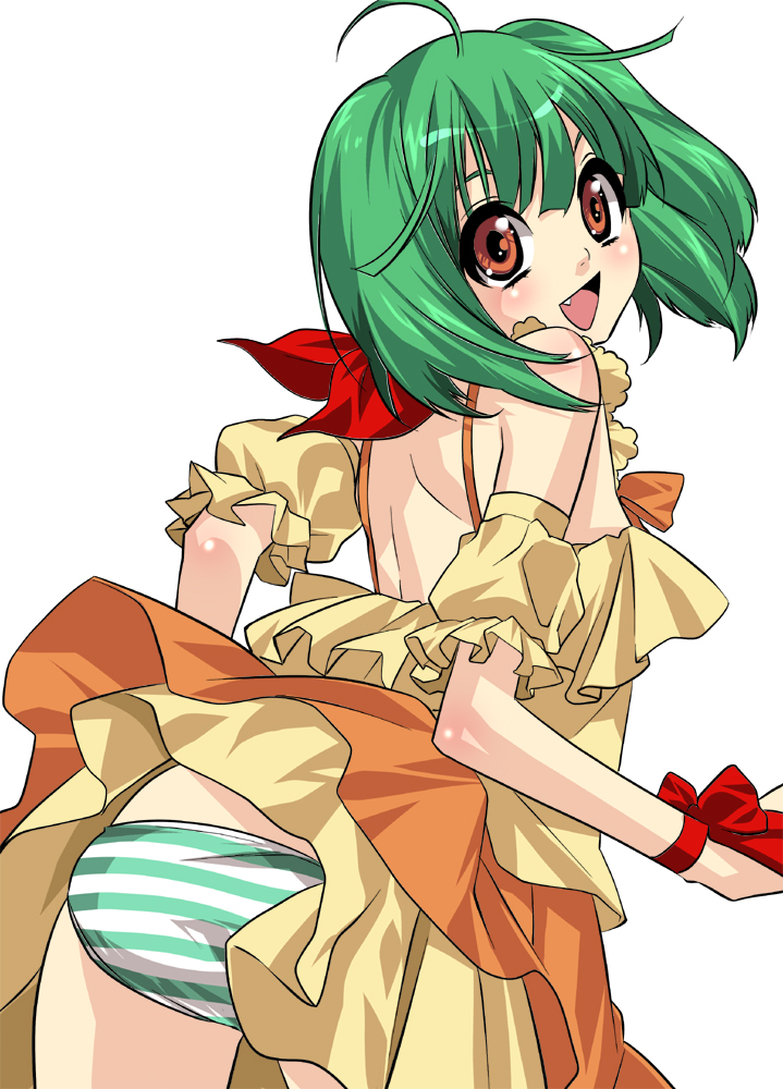 makuro, ranka lee, macross, macross frontier, bad id, bad pixiv id, 00s, ahoge, ass, back, blush, brown eyes, clothes lift, dress, dress lift, fang, green hair, looking back, panties, short hair, solo, striped clothes, striped panties, underwear, wind, wind lift