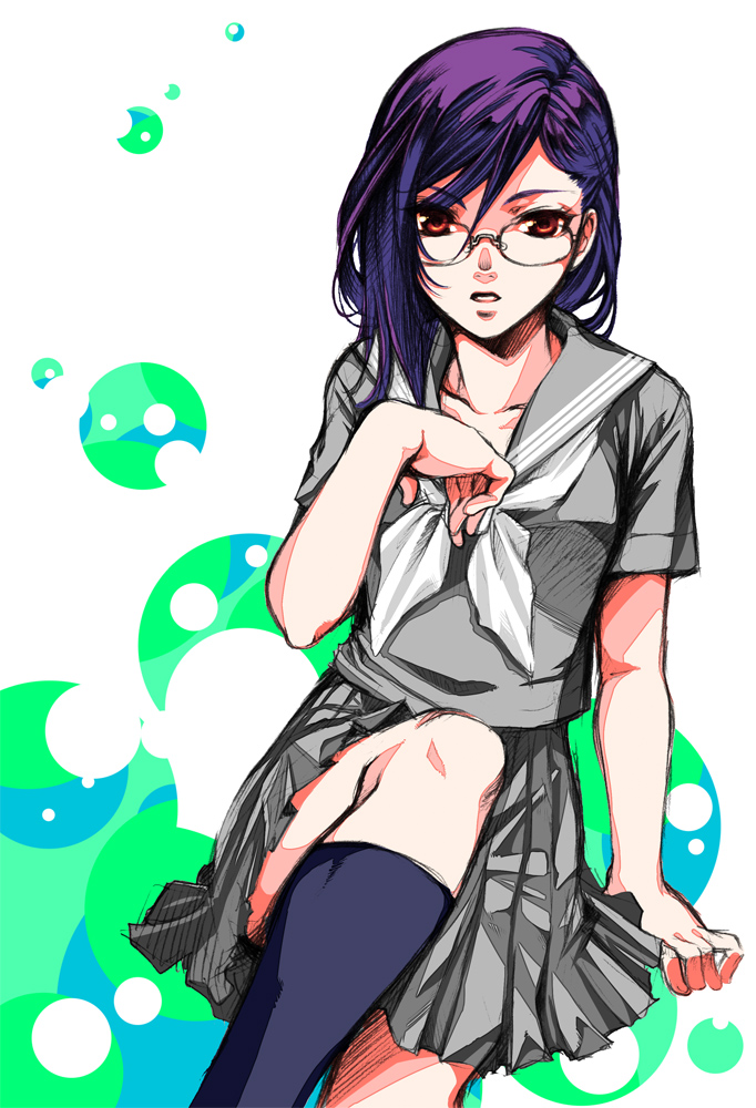 kamitani (laikaloid), tieria erde, gundam, gundam 00, 00s, 1girl, brown eyes, female focus, genderswap, genderswap (mtf), glasses, purple hair, school uniform, serafuku, socks, solo