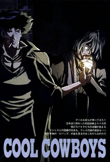 spike spiegel, vicious (cowboy bebop), cowboy bebop, silver hair, wall, scan, 1990s (style), 2boys, brick, brown hair, cigarette, coat, fire, jacket, lighter, male focus, multiple boys, necktie, smoking, text focus