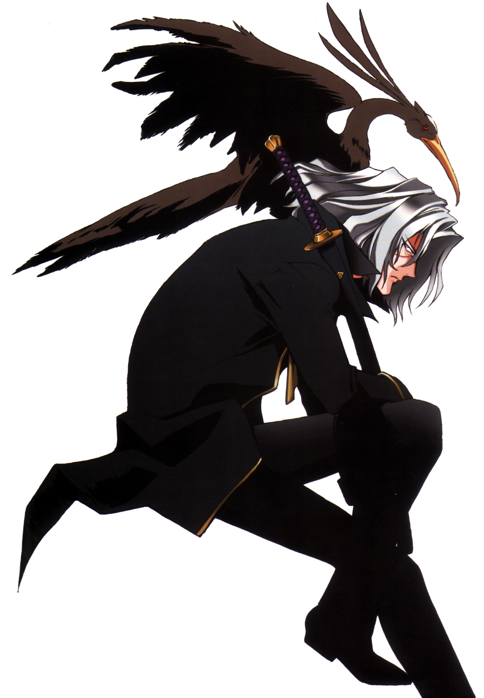 vicious (cowboy bebop), cowboy bebop, highres, scan, 1990s (style), 1boy, animal, animal on shoulder, bird, bird on shoulder, coat, katana, male focus, solo, sword, weapon