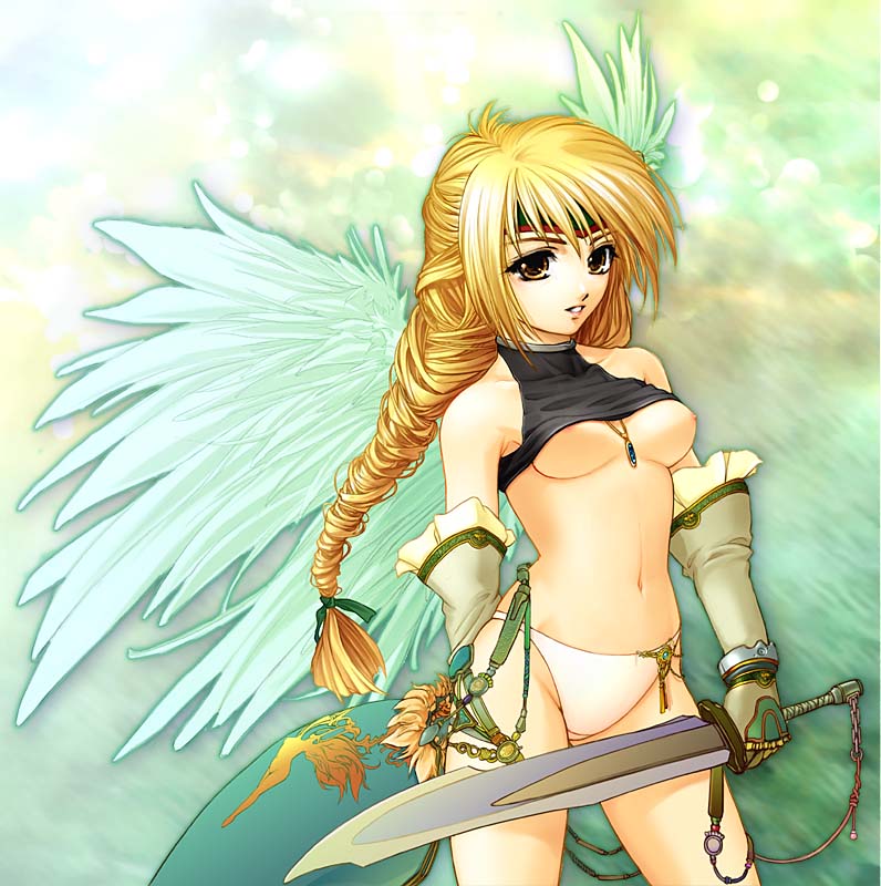 artist request, 1girl, bare shoulders, bikini, bikini bottom only, blonde hair, bra, breasts, clothes lift, drill hair, elbow gloves, female focus, gloves, headband, lingerie, panties, ponytail, shirt lift, sleeveless, sleeveless turtleneck, solo, sports bra, sports bra lift, swimsuit, sword, turtleneck, underwear, underwear only, weapon, white panties, wings, yellow eyes
