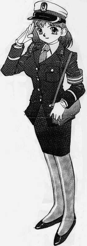 screencap, uniform, long image, tall image, bag, gloves, monochrome, necktie, pantyhose, police, police uniform, policewoman, salute, shoes, short hair, shoulder bag, skirt, smile, type51